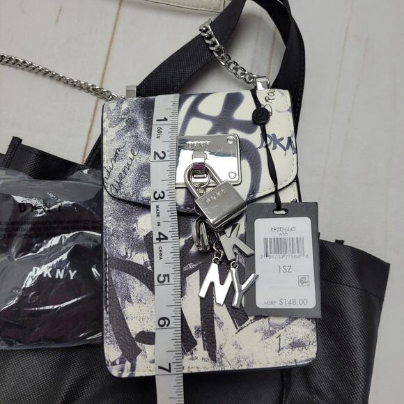 DKNY Elissa Grafitti chain crossbody bag lock front leather flap NWT moto - Picture 3 of 6